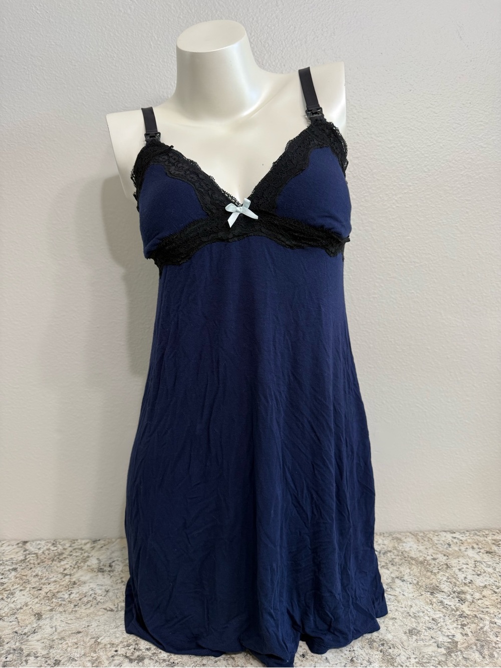 Navy Lace-Trim Chemise Nursing Nightgown with Bow Detail
